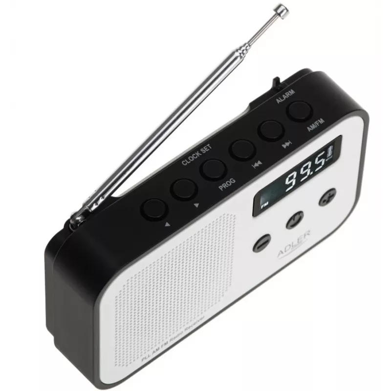 Pārnēsājamais ciparu radio Adler AD 1907 — AM/FM, ciparu uztvērējs, modinātājs, USB-C, 600 mAh baterija, LCD, 20 atmiņas vietas, teleskopiskā antena