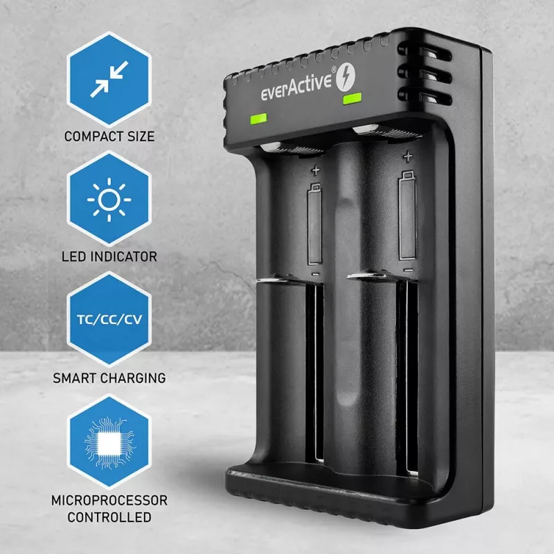 Bateriju lādētājs everActive LC200 mājsaimniecības USB, 2 nodalījumu, Li-Ion, atbalsta A/AA/AAA/AAAA/C/D, 5 V ieeja, 4.2 V izeja, melns