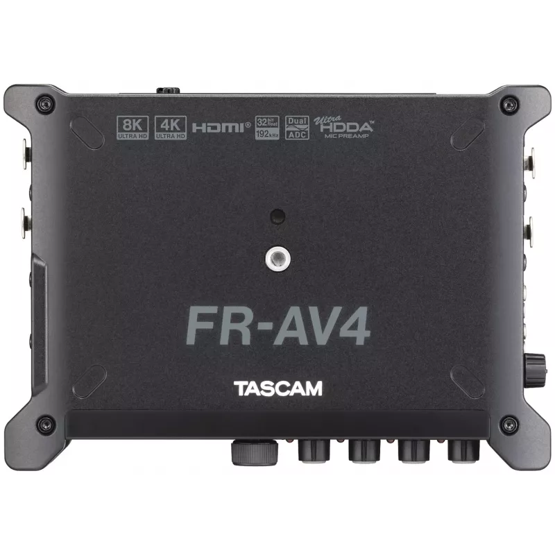 Pārnēsājams audio ierakstītājs Tascam FR-AV4 — 6 kanāli, 4 XLR combo + 2x 3,5 mm, 24/32 biti, 48/96/192 kHz, MicroSD līdz 512 GB, USB-C, PD