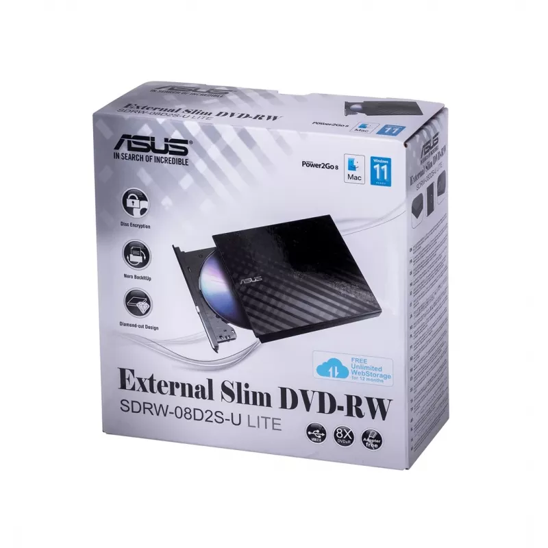 Ārējais DVD±RW optiskais diskdzinis ASUS SDRW-08D2S-U Lite, USB 2.0, melns, 24x CD / 8x DVD, 142×142×20 mm