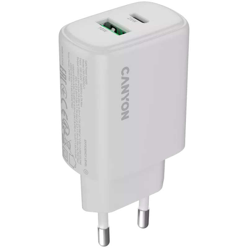 CANYON lādētājs OnCharge 250 25W 1xPD 1xQC EU Balts