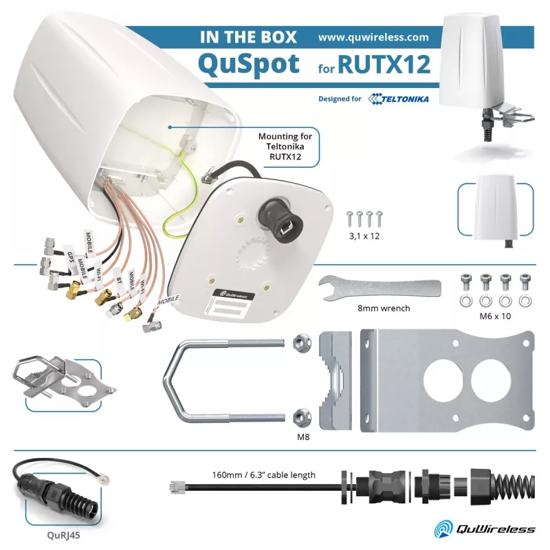 Daudzvirzienu tīkla antena QuWireless QuSpot AX12S PoE/LAN, daudzjoslu 0.694–6 GHz, maks. pastiprinājums 3 dBi, balta