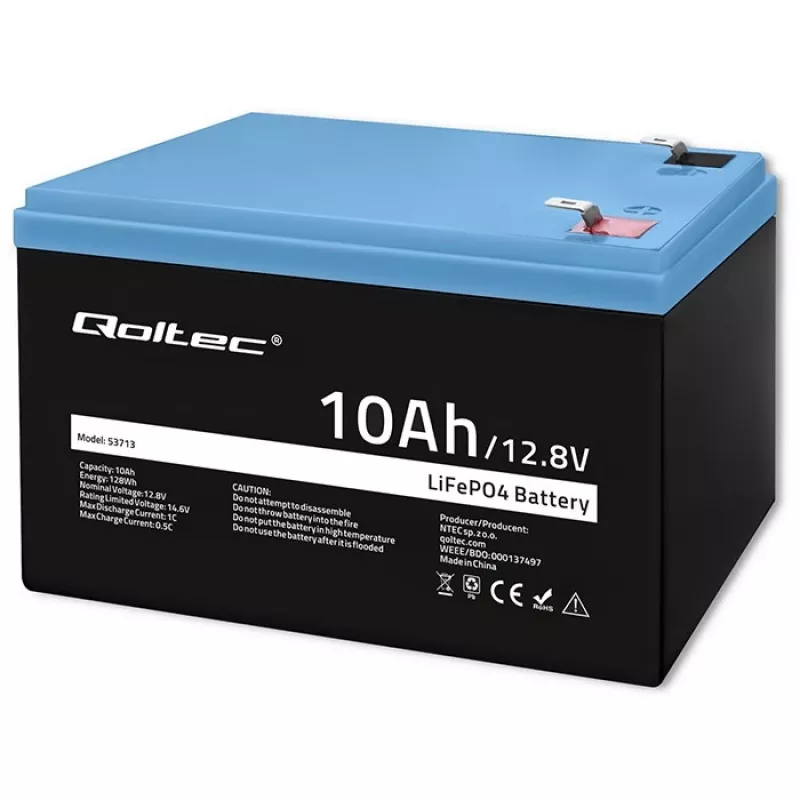 Uzlādējama LiFePO4 baterija QOLTEC 10Ah 12.8V 128Wh ar integrētu BMS