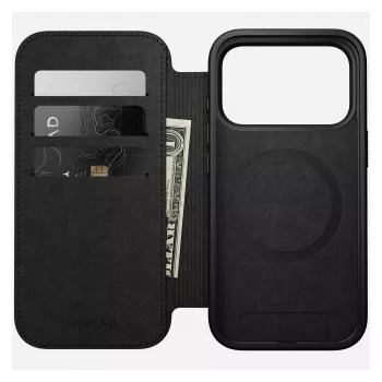 Ādas grāmatiņveida tālruņa vāciņš Nomad Modern Leather Folio iPhone 17 Pro — brūna, der 6,3 collu (16 cm) ekrānam, 4 karšu kabatas