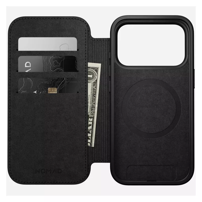 Ādas grāmatiņveida tālruņa vāciņš Nomad Modern Leather Folio iPhone 17 Pro — brūna, der 6,3 collu (16 cm) ekrānam, 4 karšu kabatas
