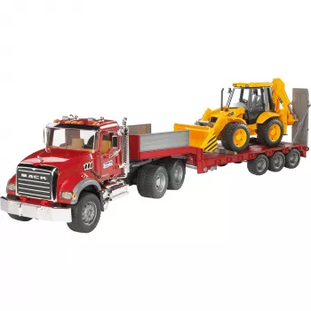 Rotaļlietu zemās platformas kravas automašīna ar JCB 4CX piederumu, BRUDER, modelis BR-02813, ABS konstrukcija, daudzkrāsains