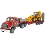 Rotaļlietu zemās platformas kravas automašīna ar JCB 4CX piederumu, BRUDER, modelis BR-02813, ABS konstrukcija, daudzkrāsains