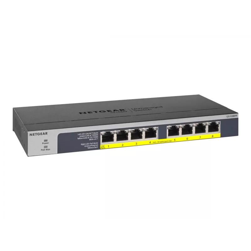NETGEAR GS108PP Nepārvaldāms Gigabitu Ethernet (10/100/1000) Power over Ethernet (PoE) Melns
