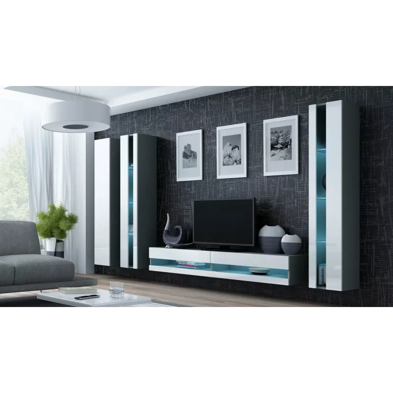 TV skapis Cama Meble VIGO NEW 30/140/40 — 1400×400×300 mm, pelēka virsma, skaidu plātne, pelēks rāmis, baltas spīdīgas durvis