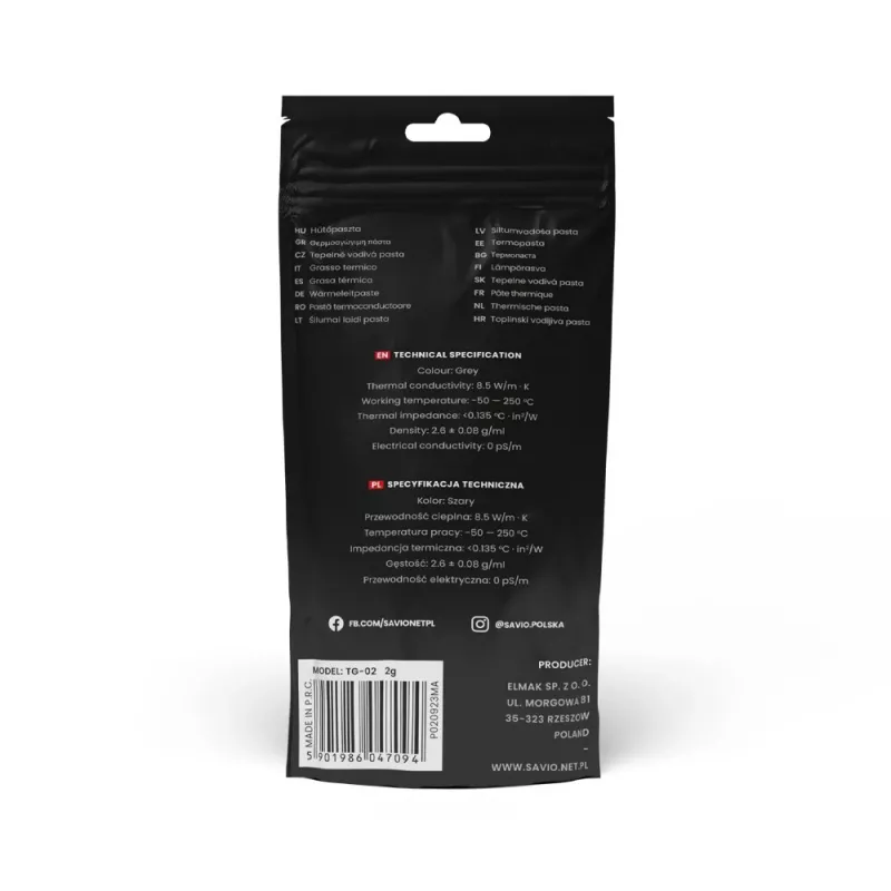 Termopasta SAVIO TG-03 13.5 W/m·K, 2 g — termiskā saskarnes savienojums