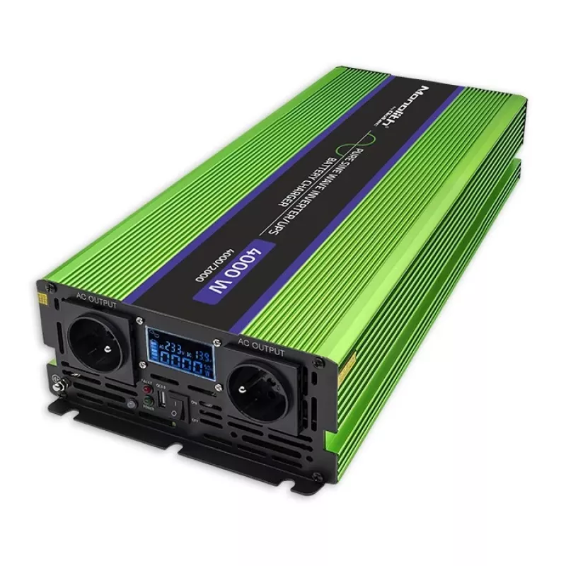 Qoltec Monolith sprieguma pārveidotājs | Akumulatora uzlāde | UPS | 2000W | 4000W | 12V uz 230V | Tīrs sinusoidāls | LCD melns-zaļš