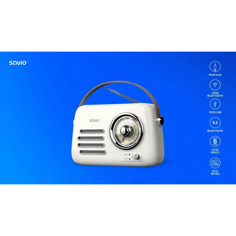 Portatīvais radio SAVIO RS-02 — analogais FM skaņotājs, Bluetooth 5.3, USB barošana, 3 W, balts
