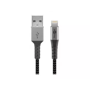 USB-A uz Lightning kabelis GOOBAY 2 m, tekstila apvalks, 3,3 mm diametrs, pelēks kosmosa/sudraba