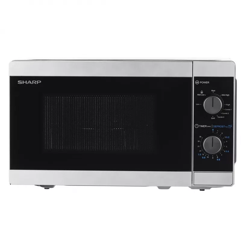 Kombinētā mikroviļņu krāsns Sharp YC-MG01E-S — 20 l, 800 W mikroviļņu, 1000 W grils, 5 jaudas līmeņi, rotējoša vadība, 25,5 cm grozāmā pamatne