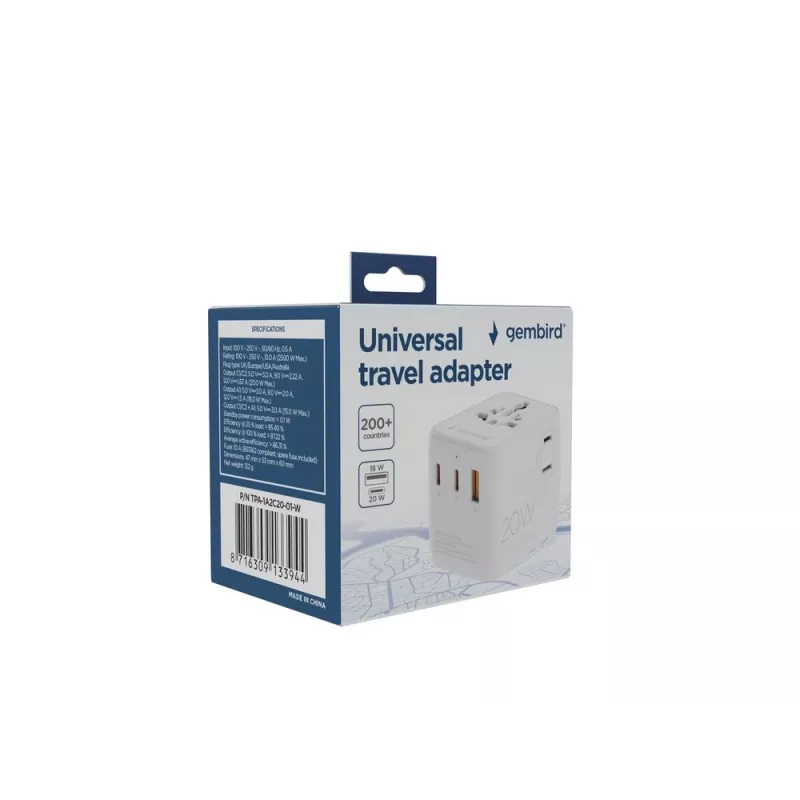 Ceļojumu strāvas adapteris GEMBIRD TPA-1A2C20-01-W — 20 W, USB-A (18 W) + 2× USB-C (20 W), E tipa spraudnis, balts