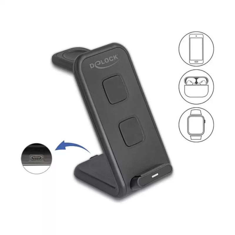 DELOCK 66941 Bezvadu lādētājs 3-in-1 viedtālrunim viedpulkstenim austiņām USB Type-C 15 W Iekštelpu melns
