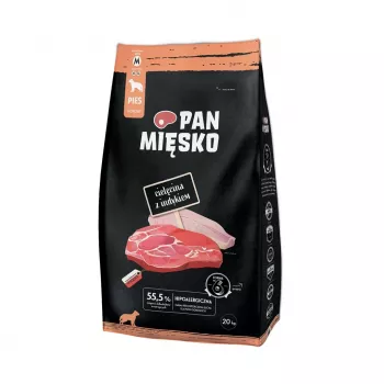 Sausā suņu barība Pan Miesko M 20 kg — Teļa gaļa ar tītaru, pieaugušiem suņiem, 30% olbaltumvielu, 20% tauku