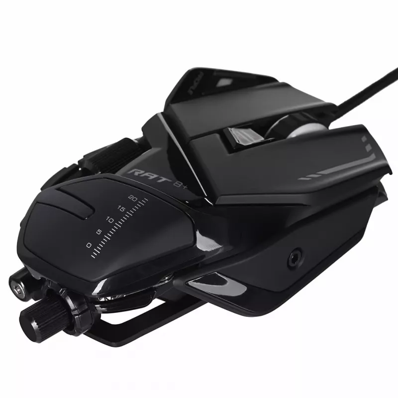 Spēļu pele Mad Catz R.A.T. 8+ — labā roka, optiskā, 16000 DPI, 11 pogas, USB Type-A, 145 g