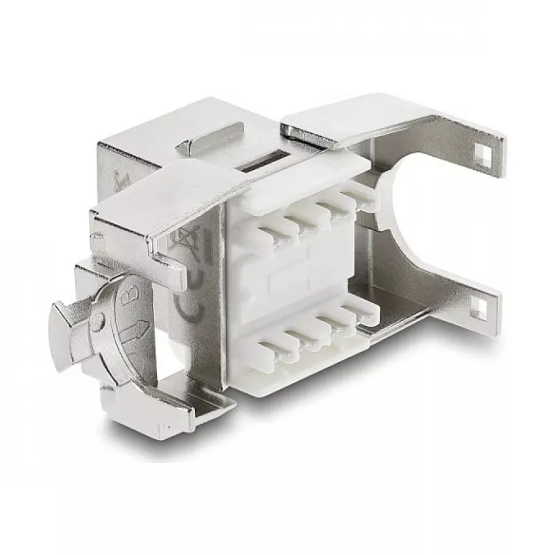 Keystone modulis DELOCK RJ45 uz LSA Cat.6A ekranēts, bez instrumenta, plakans, sudraba/baltā krāsā, ar putekļu vāciņu