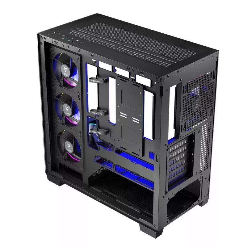 PC korpuss MODECOM Volcano Stellar 5F ATX Midi Tower, rūdīts stikls, 5 iepriekš uzstādīti ventilatori, USB‑C, atbalsta microATX/ATX, maks. GPU 420 mm, CPU dzesētāja augstums 175 mm