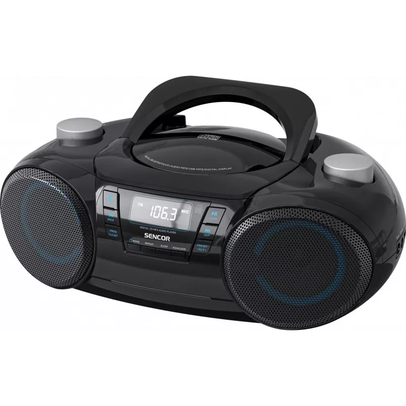 Pārnēsājams Bluetooth boombox SENCOR SPT4710B — 20 W kopējā jauda, Bluetooth 5.3, CD/USB/FM, bateriju vai maiņstrāvas barošana