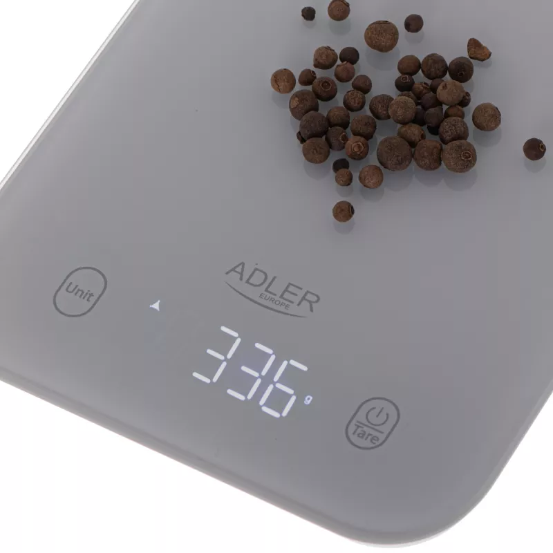 Virtuves svari Adler AD 3181, rūdīts stikls, 10 kg ietilpība, 1 g precizitāte, LCD displejs, pelēki