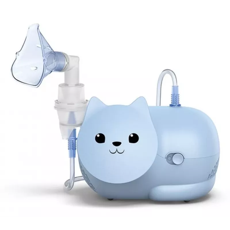 Mesh smidzinātājs Omron Nami Cat NE-C303K-KDE — galda inhalators, 0,35 ml/min, bērniem un pieaugušajiem, zils, 235×148×157 mm
