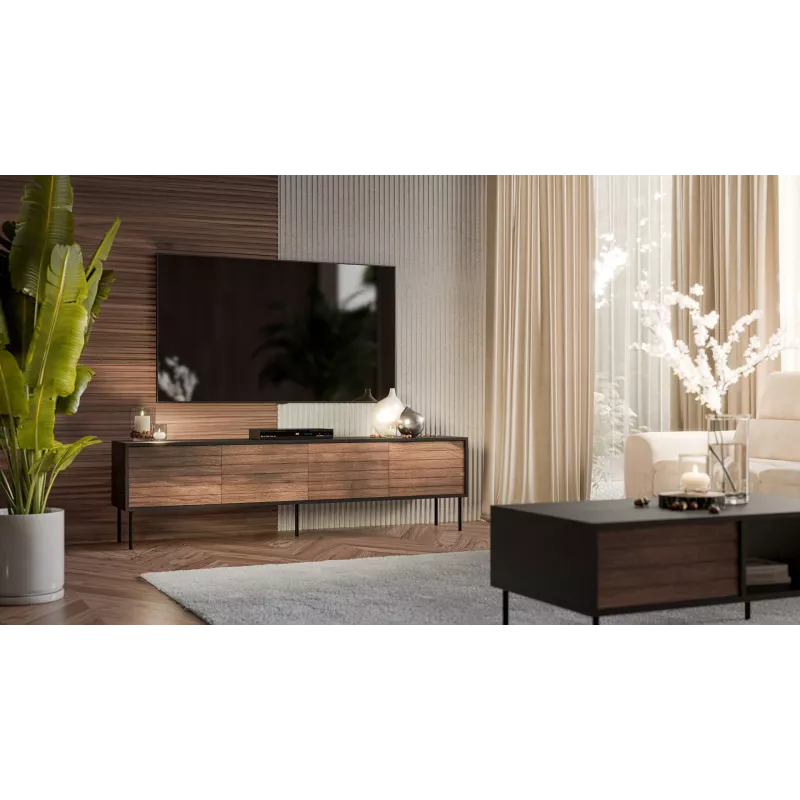TV skapītis cama meble CORTINA 4D 200x40x55 cm, melna virsma, riekstkoka priekšpuses