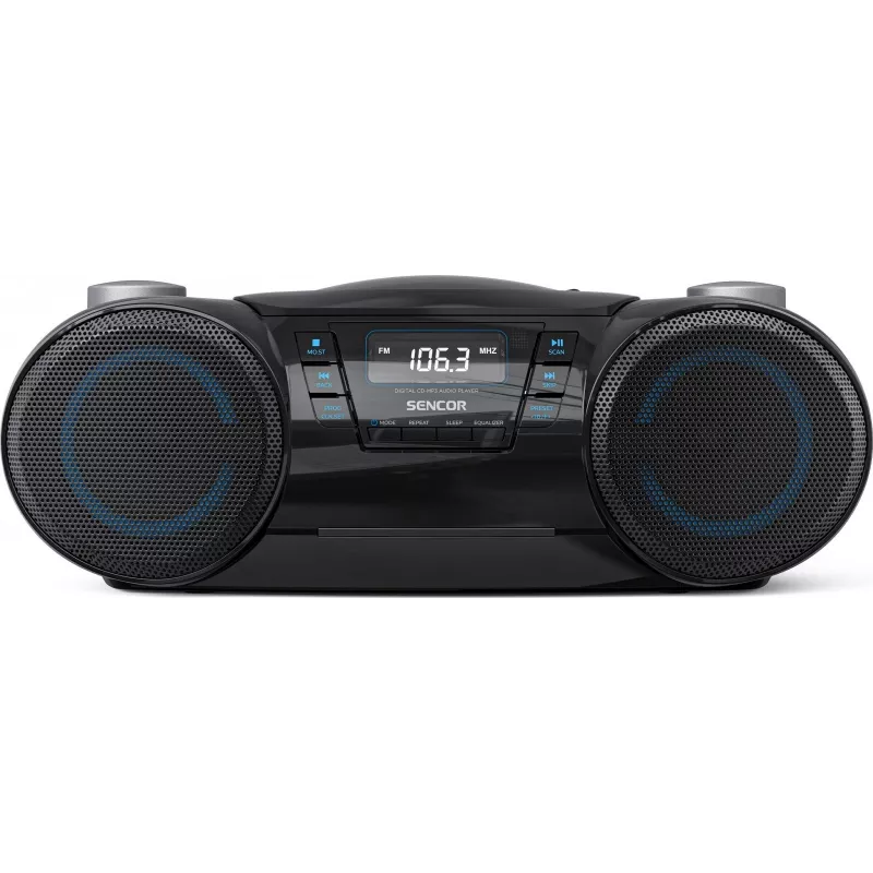 Pārnēsājams Bluetooth boombox SENCOR SPT4710B — 20 W kopējā jauda, Bluetooth 5.3, CD/USB/FM, bateriju vai maiņstrāvas barošana