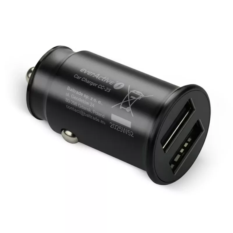 Automašīnas lādētājs everActive CC-25 — 2x USB pieslēgvietas, 12W kopējā jauda, 12V–24V transportlīdzekļa barošana