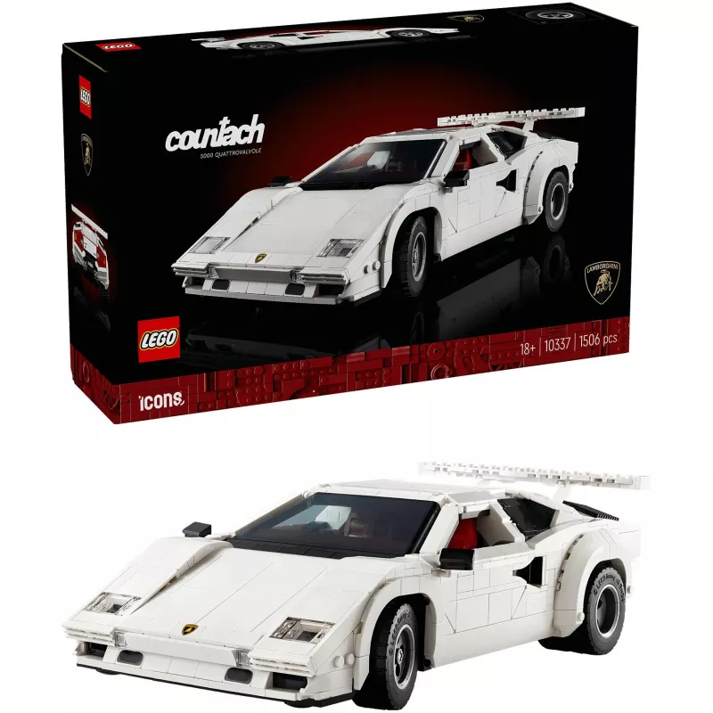 LEGO Icons konstruktors Lamborghini Countach 5000 Quattrovalvole 10337 — vitrīnas modelis, 1506 detaļas, 340×90×160 mm