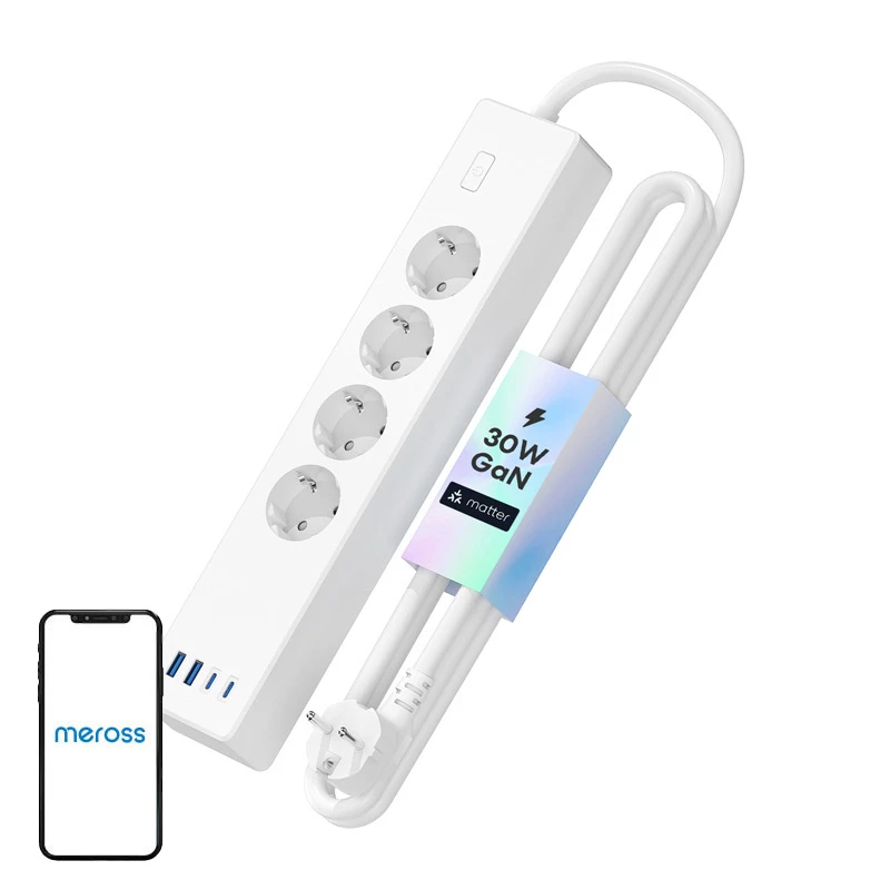 Strāvas sadalītājs Meross MSP844 — 4 maiņstrāvas rozetes, 2 USB‑A, 2 USB‑C