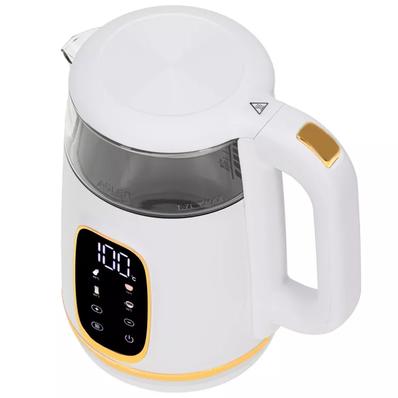 Elektriskā tējkanna Adler AD 1305WG — 1,7 l, 2200 W, stikls/plastmasa, balts/zelta/caurspīdīgs