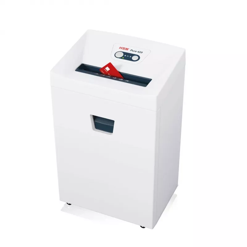 HSM Pure 420 dokumentu smalcinātājs — daļiņu griezums P-4, 24 cm darba platums, 15 lapu ietilpība, 35 L tvertne, balts