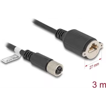 Tīkla kabelis DeLOCK M12 kabelis X-kodēts 8 kontaktu sievišķais uz RJ45 ligzdu Cat.6A 3 m melns