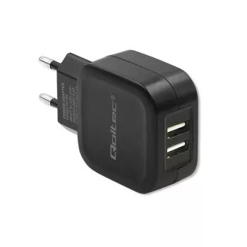 Maiņstrāvas iekštelpu lādētājs QOLTEC 50186 viedtālruņiem un planšetdatoriem, 5 V 3,4 A, 17 W, 2× USB, melns