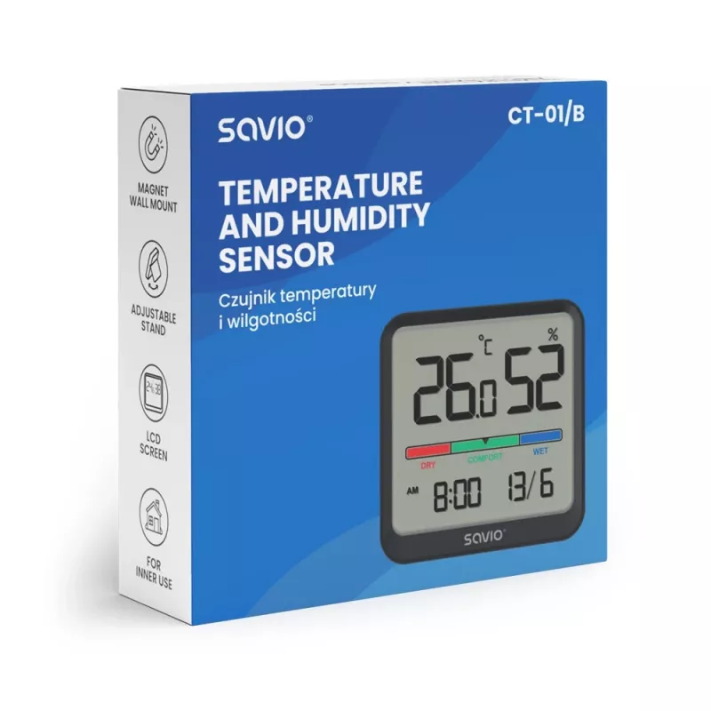 Iekštelpu temperatūras un mitruma sensors SAVIO CT-01/B brīvi stāvošs, LCD, -10–55°C, 10–99% RH, CR2032