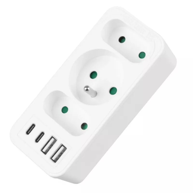 Strāvas sadalītājs MACLEAN MCE248 F/W — 3 maiņstrāvas kontaktligzdas (1×16A, 2×6A) + 4×USB (2×A, 2×C PD 20W), ES kontaktdakša, balts