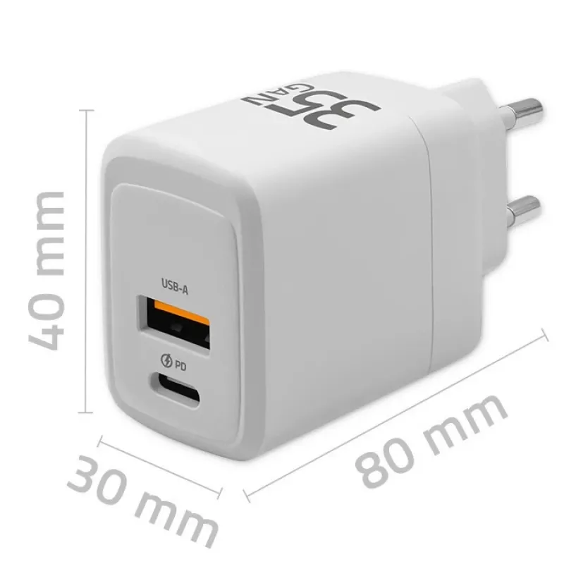 Lādētājs QOLTEC 51824 GaN 35W USB-C PD & USB QC 3.0, 5–20V, 1x USB-C, 1x USB-A
