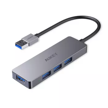 USB centrmezgls Aukey CB-H36 — 4 portu USB 3.2 Gen 1 Type-A, resursdators USB 2.0, 5000 Mbit/s, alumīnijs sudraba krāsā