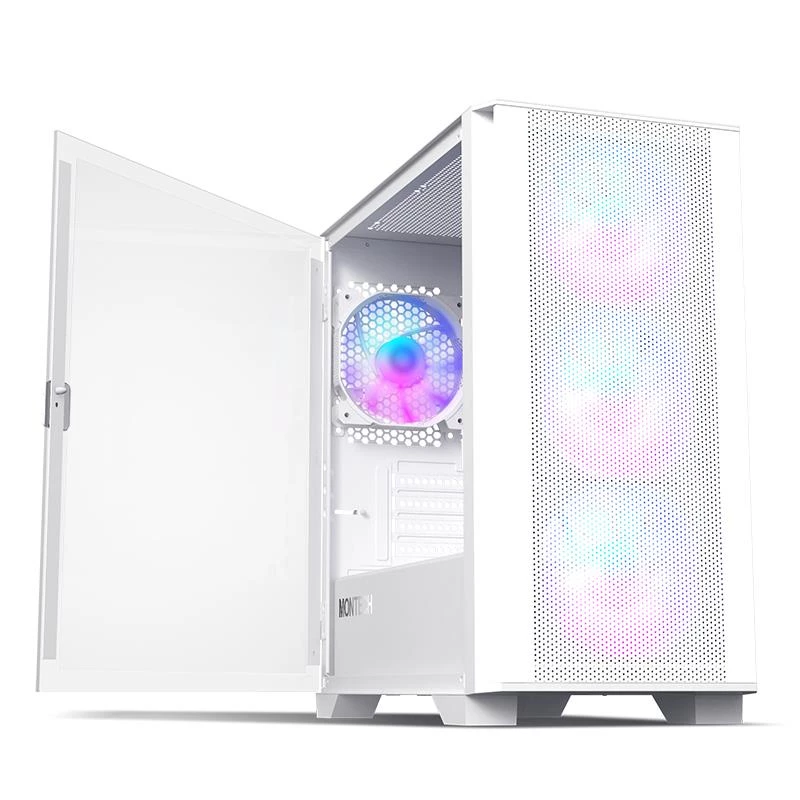 Montech AIR 100 ARGB MICRO-ATX tornis ar četriem iepriekš uzstādītiem ARGB ventilatoriem, īpaši minimālistisks dizains, smalka sieta priekšējais panelis, augsta gaisa plūsma, unikāls sānu panelis
