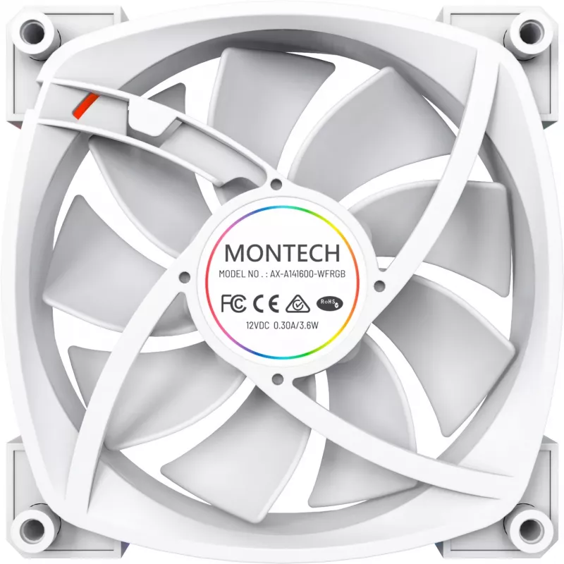 Datora korpusa ventilators Montech AX140 PWM 140 mm, šautenes gultnis, 540–1760 RPM, balts
