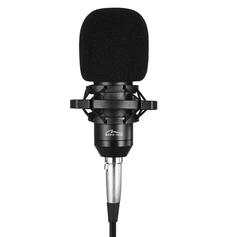 PC mikrofons MEDIA-TECH MT397S — vadu, XLR ieeja, 20–20000 Hz, 150 Ω, -32 dB, 2,4 m kabelis, galda statīvs, melns