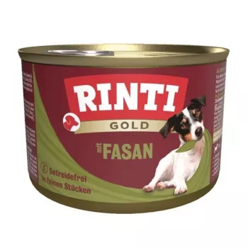 Slapjā suņu barība RINTI Gold Pheasant Adult 185 g — pilnvērtīga barība, 79% mitruma, 11% olbaltumvielu, 6,5% tauku