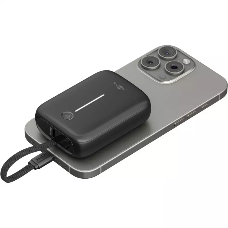 Pārnēsājams ārējais akumulators Goobay 10 000 mAh ar iebūvētu USB-C kabeli — 20 W kompakts ceļojumiem (76251)