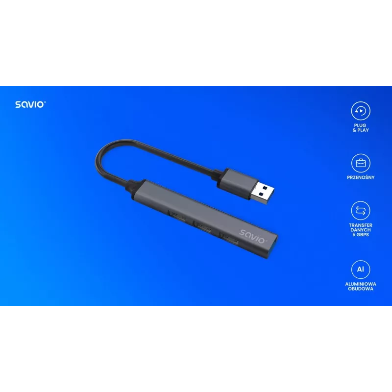 USB centrmezgls SAVIO AK-70, 7 portu USB 3.0, 4 lietojami porti, USB Type-A resursdators, 5 Gbit/s pārsūtīšana, garantija 2 gadi