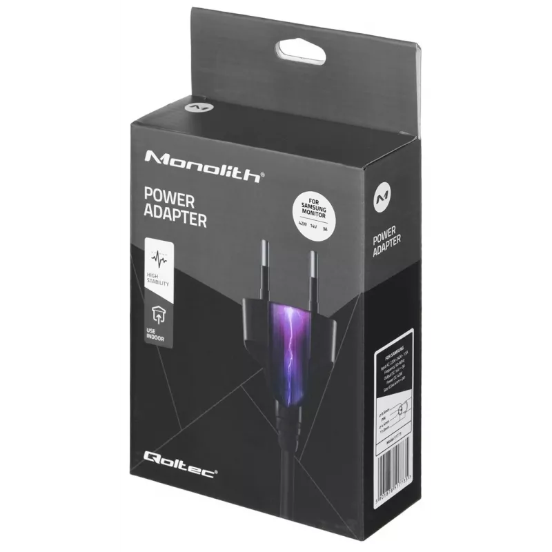 Mobilo ierīču lādētājs QOLTEC 51773, 42W, 14V 3A, ieeja 220–240V 50/60Hz, melns, 1,19m kabelis