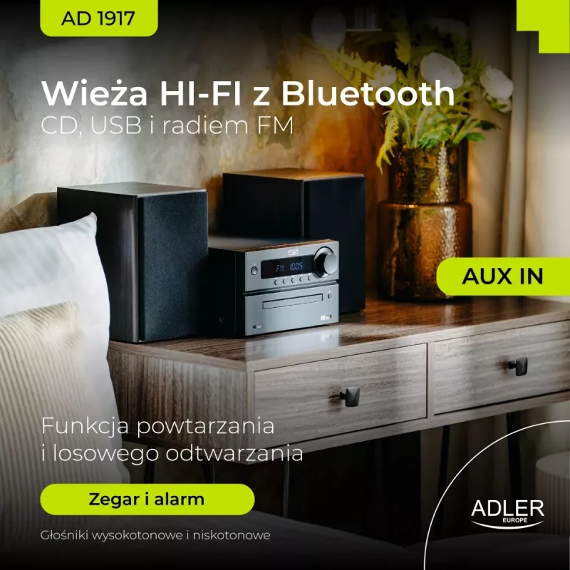 Mini Hi‑Fi stereo sistēma Adler AD 1917 — Bluetooth V5.3, CD/USB/MP3, 2×25W RMS, FM uztvērējs, 4 joslu EQ, AUX, melna