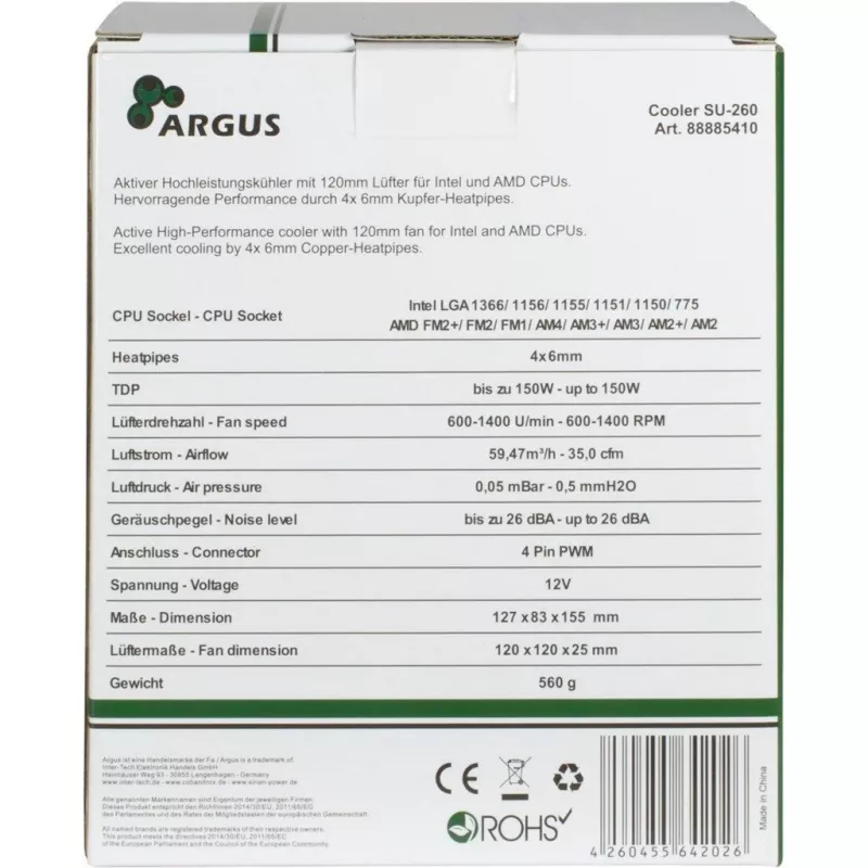 Inter-Tech Argus SU-260 - procesors - dzesētājs - 12 cm - LGA 1150 (Socket H3) - LGA 1151 (Socket H4) - LGA 1155 (Socket H2) - LGA 1156 (Socket H) - LGA 775... - AMD A - Intel® Celero