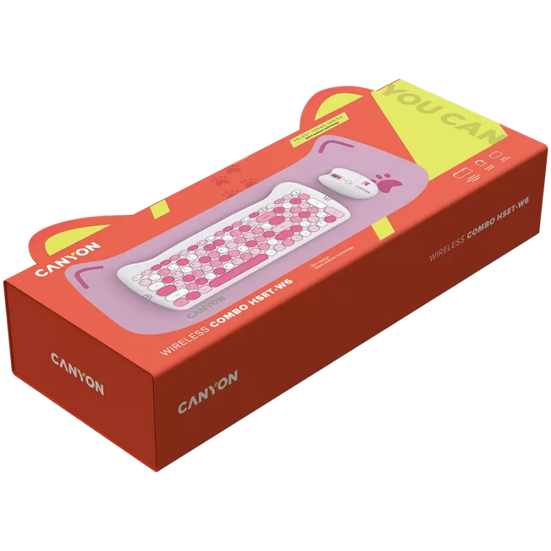 Bezvadu tastatūras un peles komplekts CANYON HSET-W6 Pink Kitty Edition